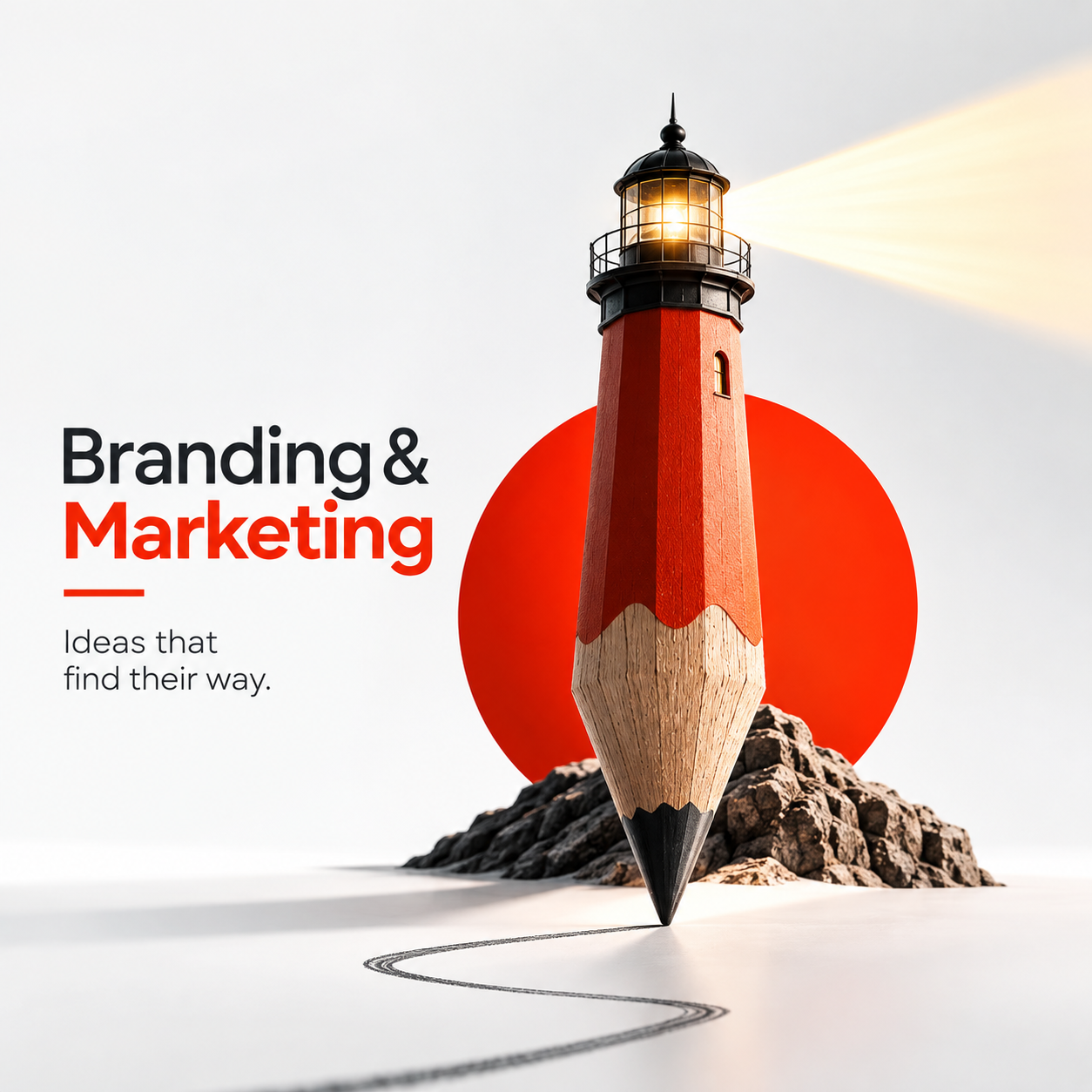 Branding and marketing: ideas that find their way, illustrated by a pencil lighthouse